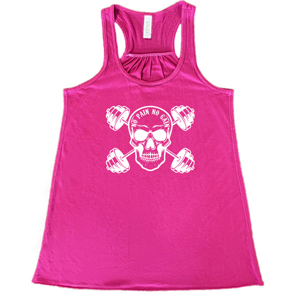 berry shirt with a skull and dumbbells graphic with the text "No Pain No Gain" on it