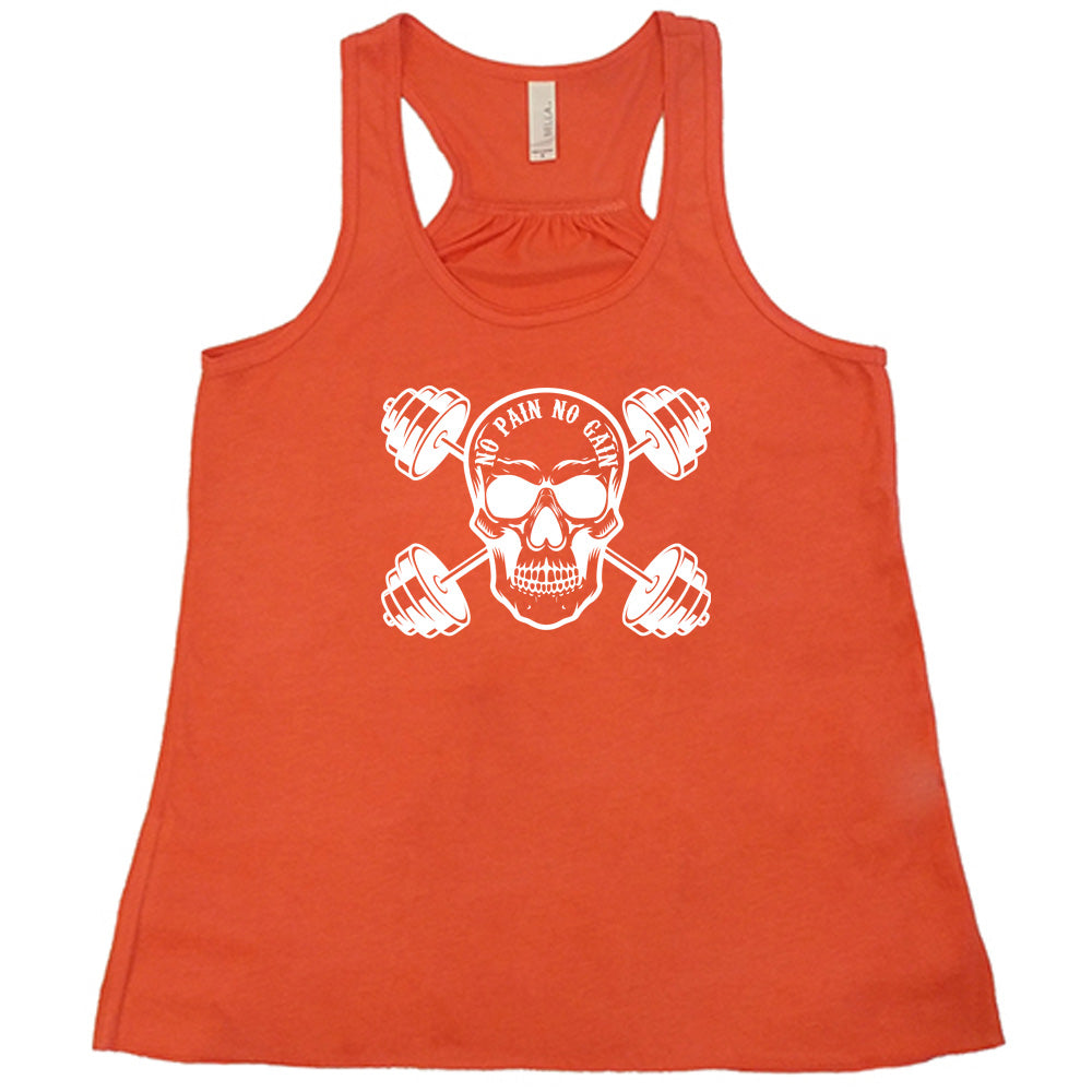 coral shirt with a skull and dumbbells graphic with the text "No Pain No Gain" on it