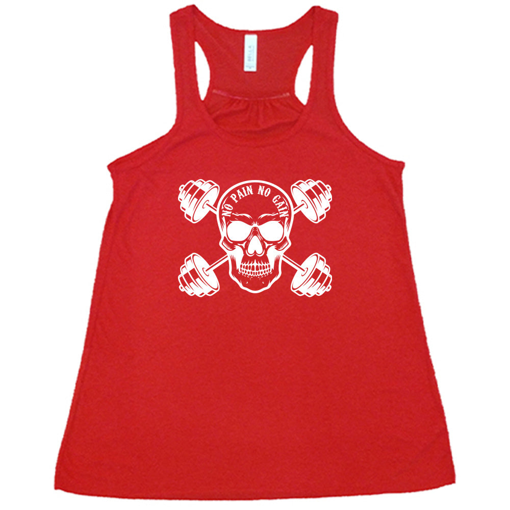 red shirt with a skull and dumbbells graphic with the text "No Pain No Gain" on it