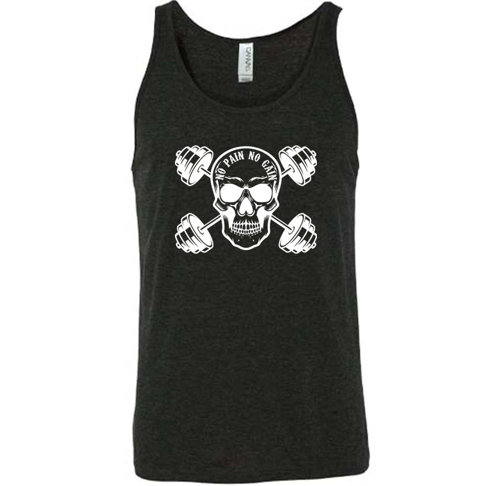 black shirt with a skull and dumbbells graphic with the text "No Pain No Gain" on it