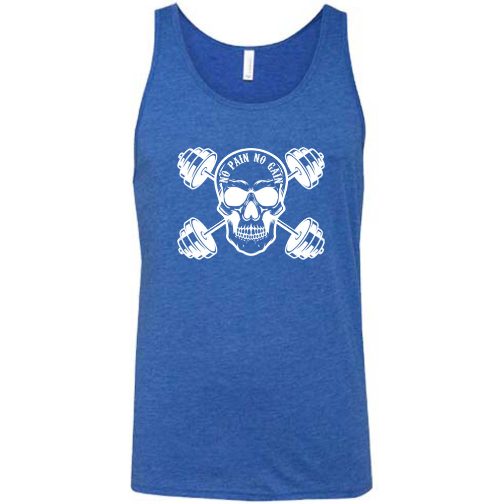 blue shirt with a skull and dumbbells graphic with the text "No Pain No Gain" on it