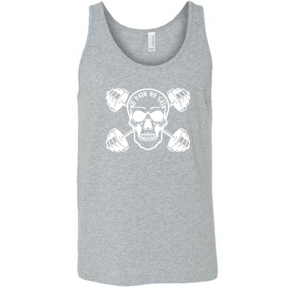 grey shirt with a skull and dumbbells graphic with the text "No Pain No Gain" on it