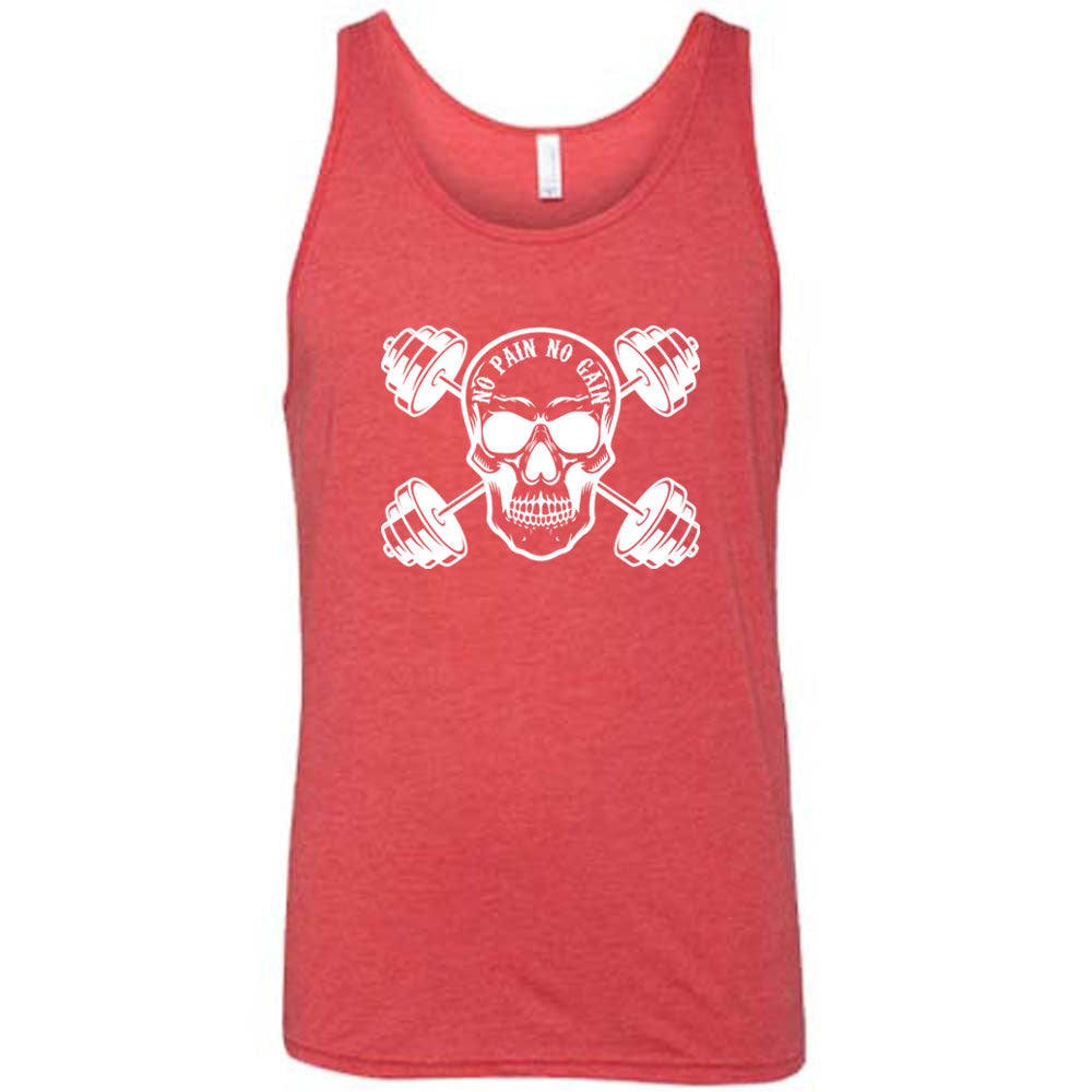 red shirt with a skull and dumbbells graphic with the text "No Pain No Gain" on it