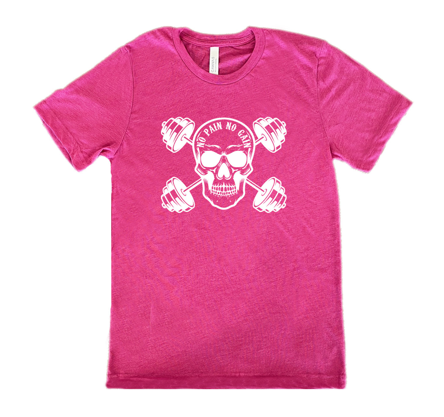 berry shirt with a skull and dumbbells graphic with the text "No Pain No Gain" on it