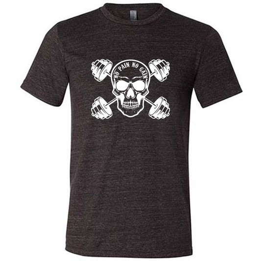 black shirt with a skull and dumbbells graphic with the text "No Pain No Gain" on it