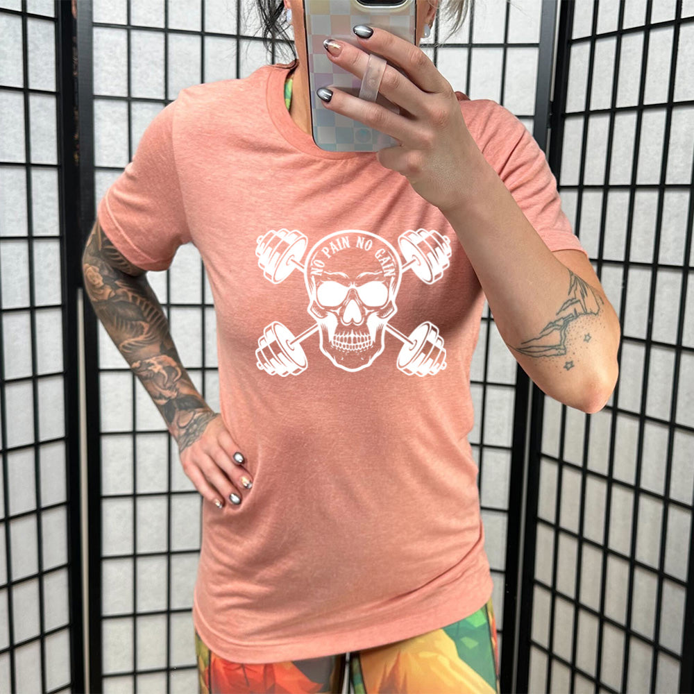 coral shirt with a skull and dumbbells graphic with the text "No Pain No Gain" on it