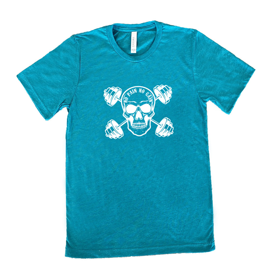 teal shirt with a skull and dumbbells graphic with the text "No Pain No Gain" on it