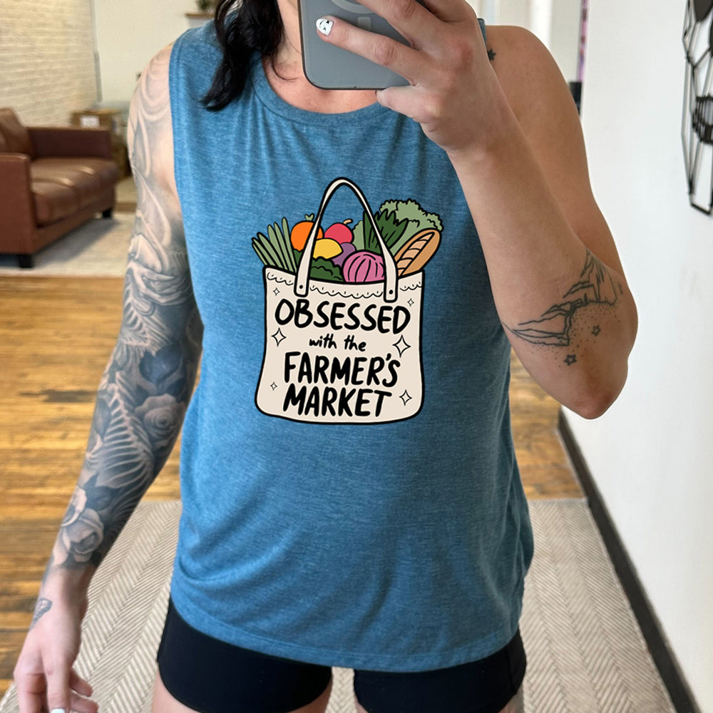 blue muscle tank with the text "Obsessed With The Farmer's Market" on it 