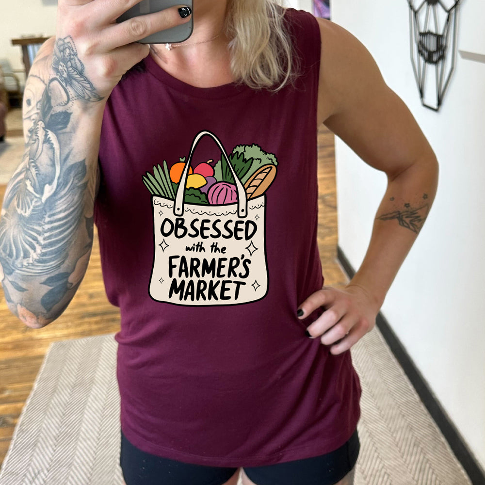 maroon muscle tank with the text "Obsessed With The Farmer's Market" on it 