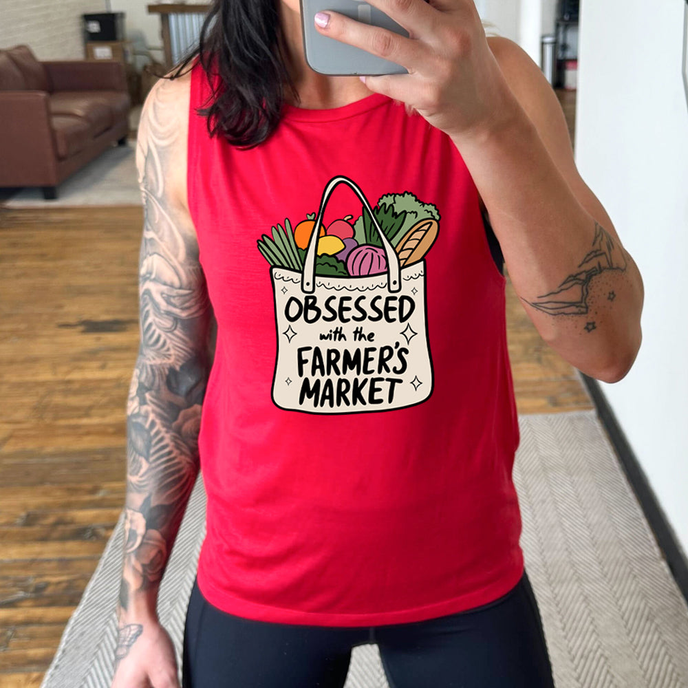 red muscle tank with the text "Obsessed With The Farmer's Market" on it 