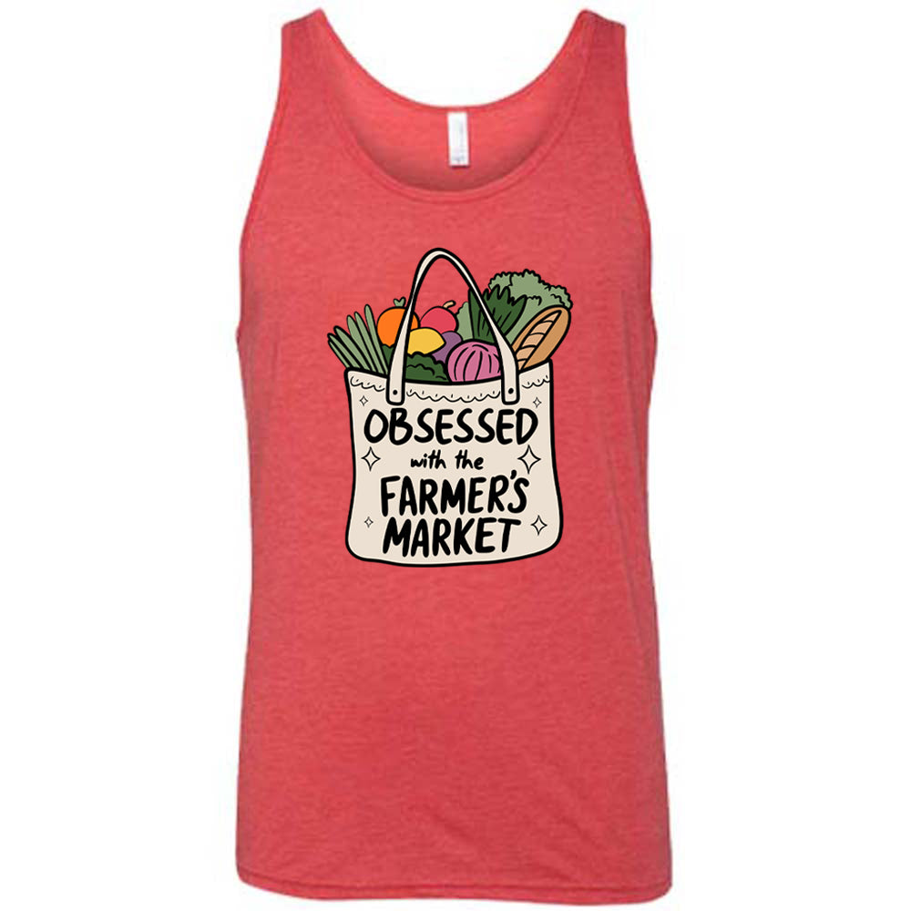 red shirt with the text "Obsessed With The Farmer's Market" on it