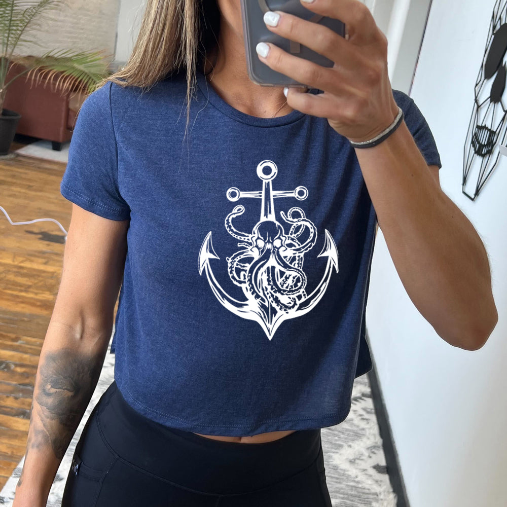 navy blue cropped tee with an Octopus Anchor graphic on it