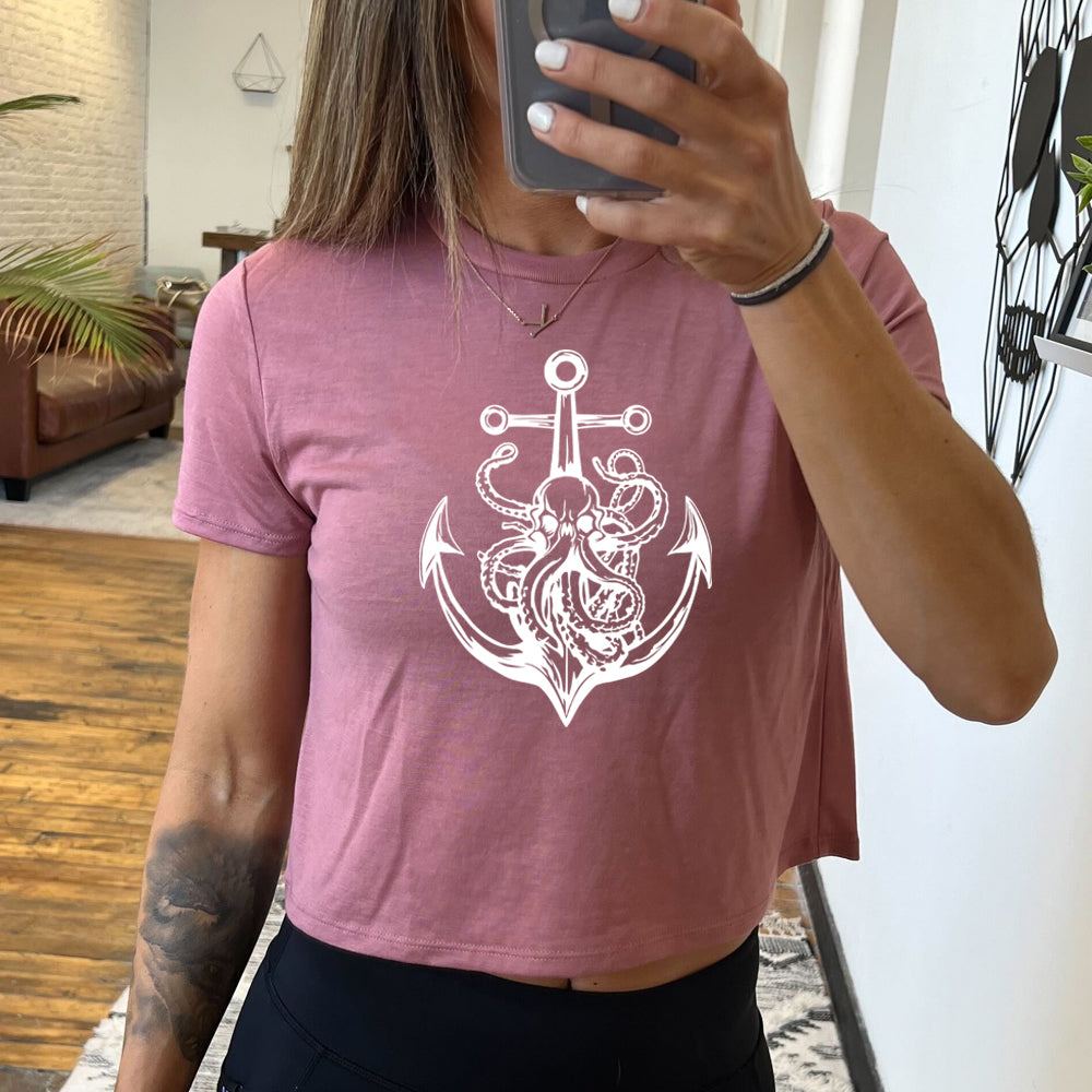 mauve cropped tee with an Octopus Anchor graphic on it