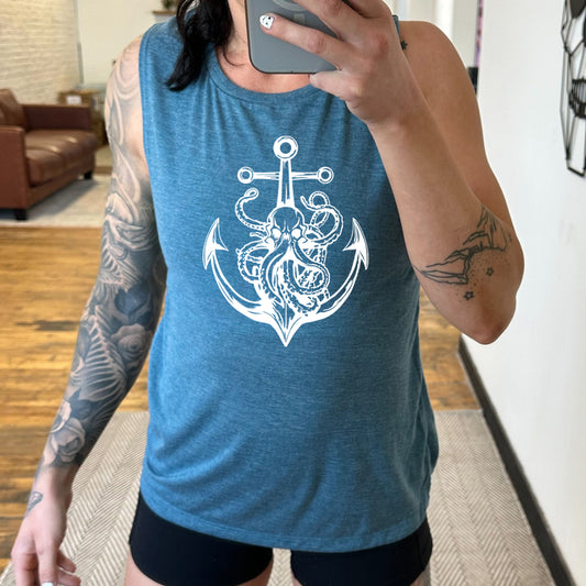 blue muscle tank with an Octopus Anchor graphic on it