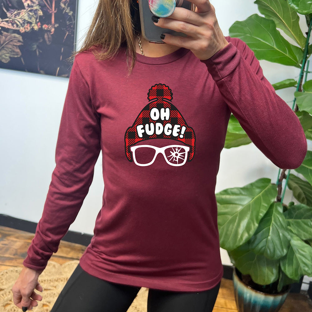 maroon long sleeve shirt with the text "Oh Fudge" on it 