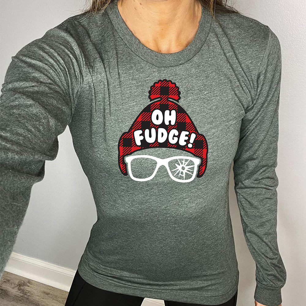 forest green long sleeve shirt with the text "Oh Fudge" on it 