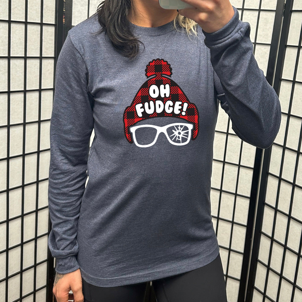 navy blue long sleeve shirt with the text "Oh Fudge" on it 