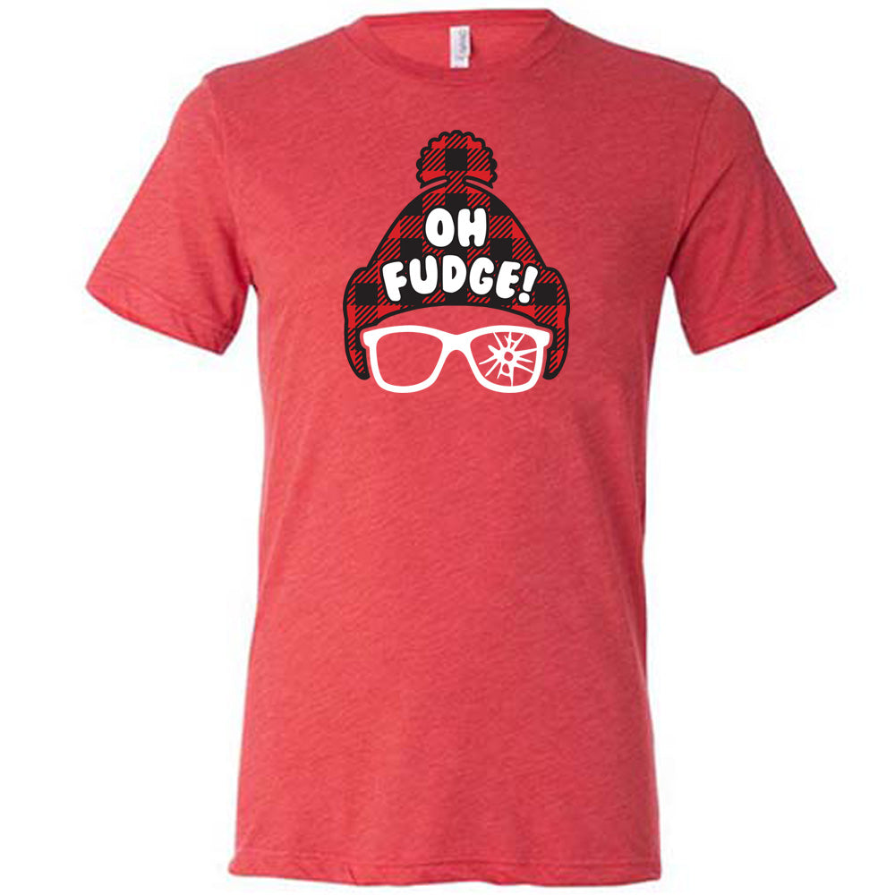 red shirt with the text "Oh Fudge" on it