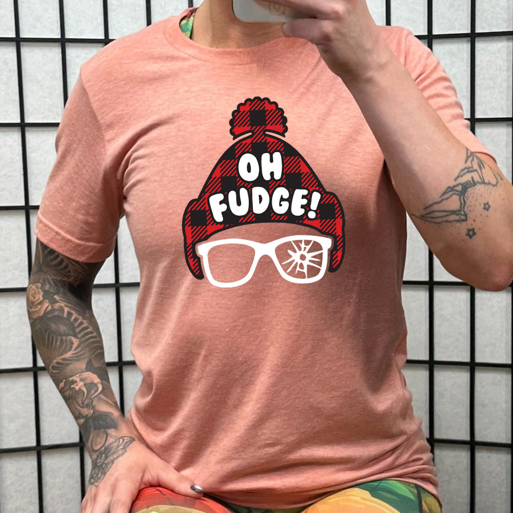 peach shirt with the text "Oh Fudge" on it