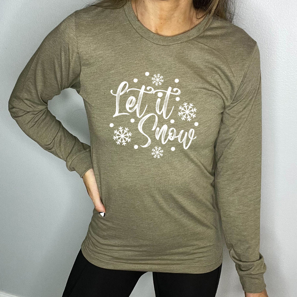 green long sleeve shirt with the text "Let It Snow" on it