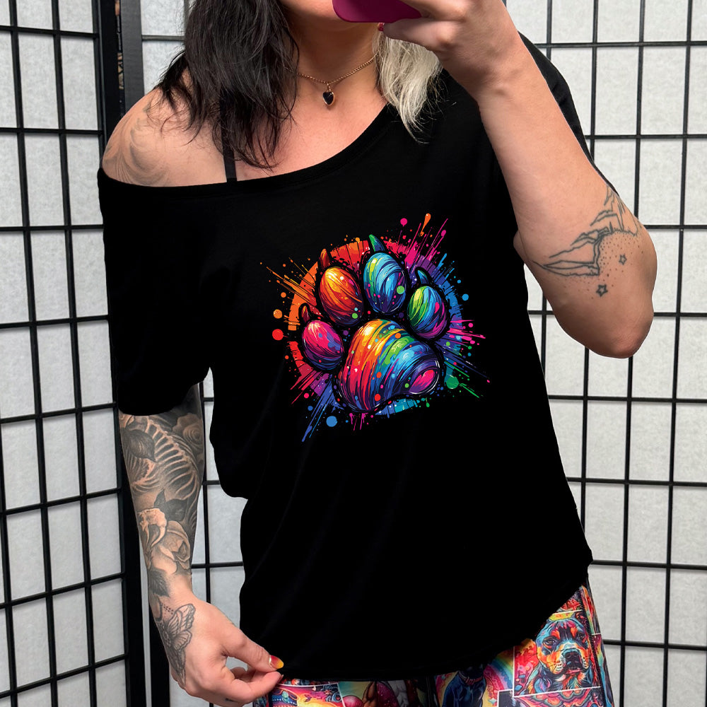 black slouchy shirt with a rainbow paw print graphic on it