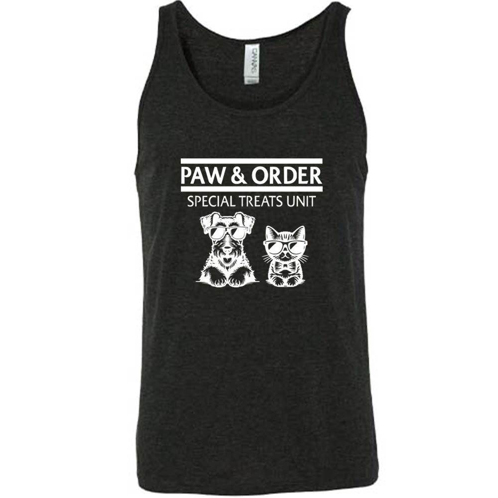 black shirt with the text "Paw & Order" and a graphic of a cat and dog on it