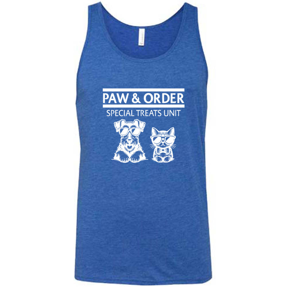 blue shirt with the text "Paw & Order" and a graphic of a cat and dog on it