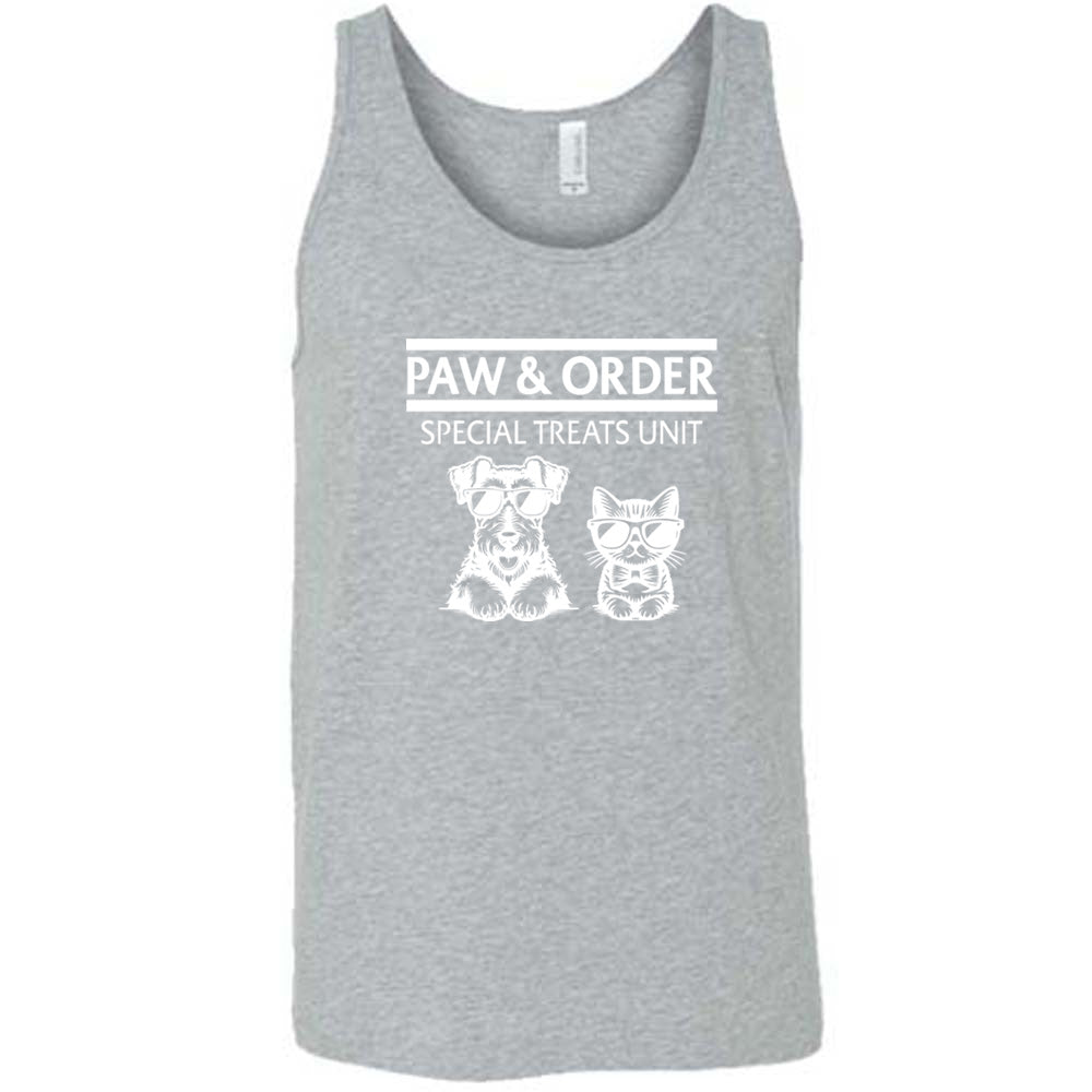 grey shirt with the text "Paw & Order" and a graphic of a cat and dog on it