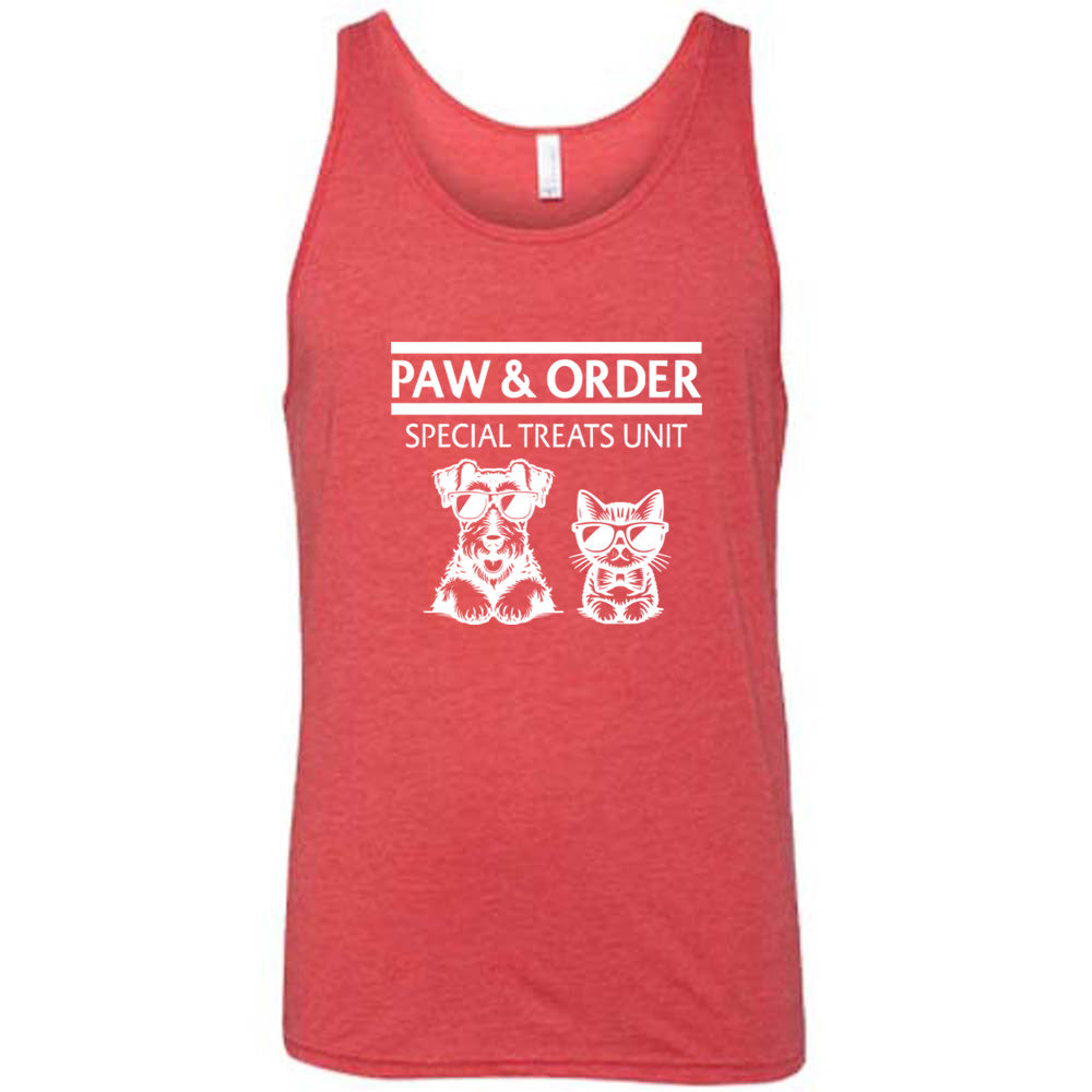 red shirt with the text "Paw & Order" and a graphic of a cat and dog on it