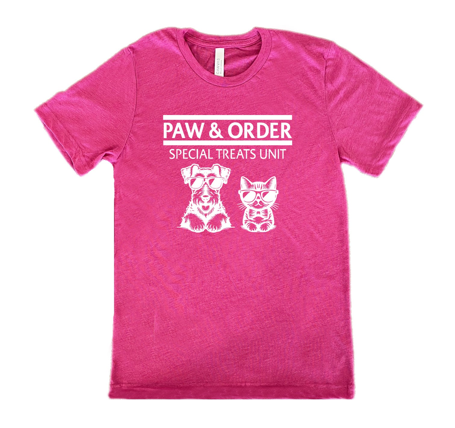 berry shirt with the text "Paw & Order" and a graphic of a cat and dog on it