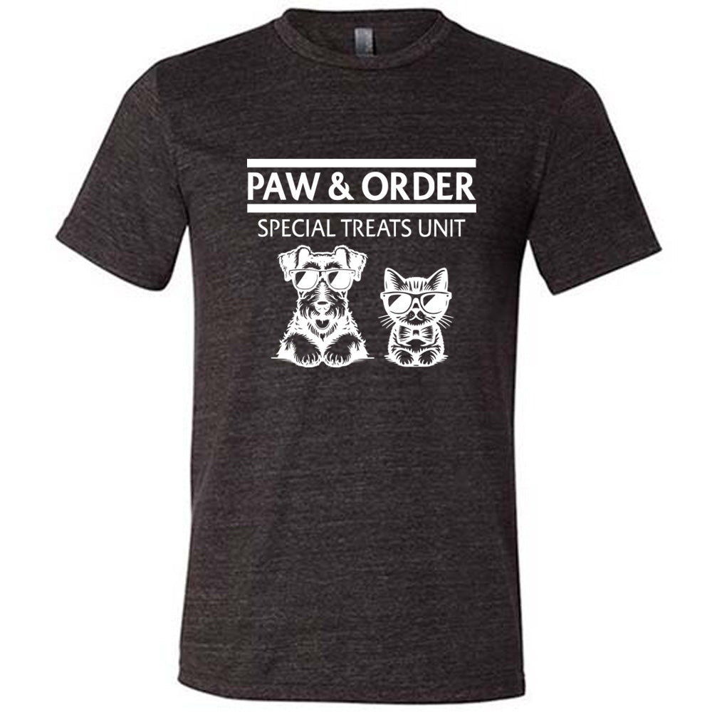 black shirt with the text "Paw & Order" and a graphic of a cat and dog on it