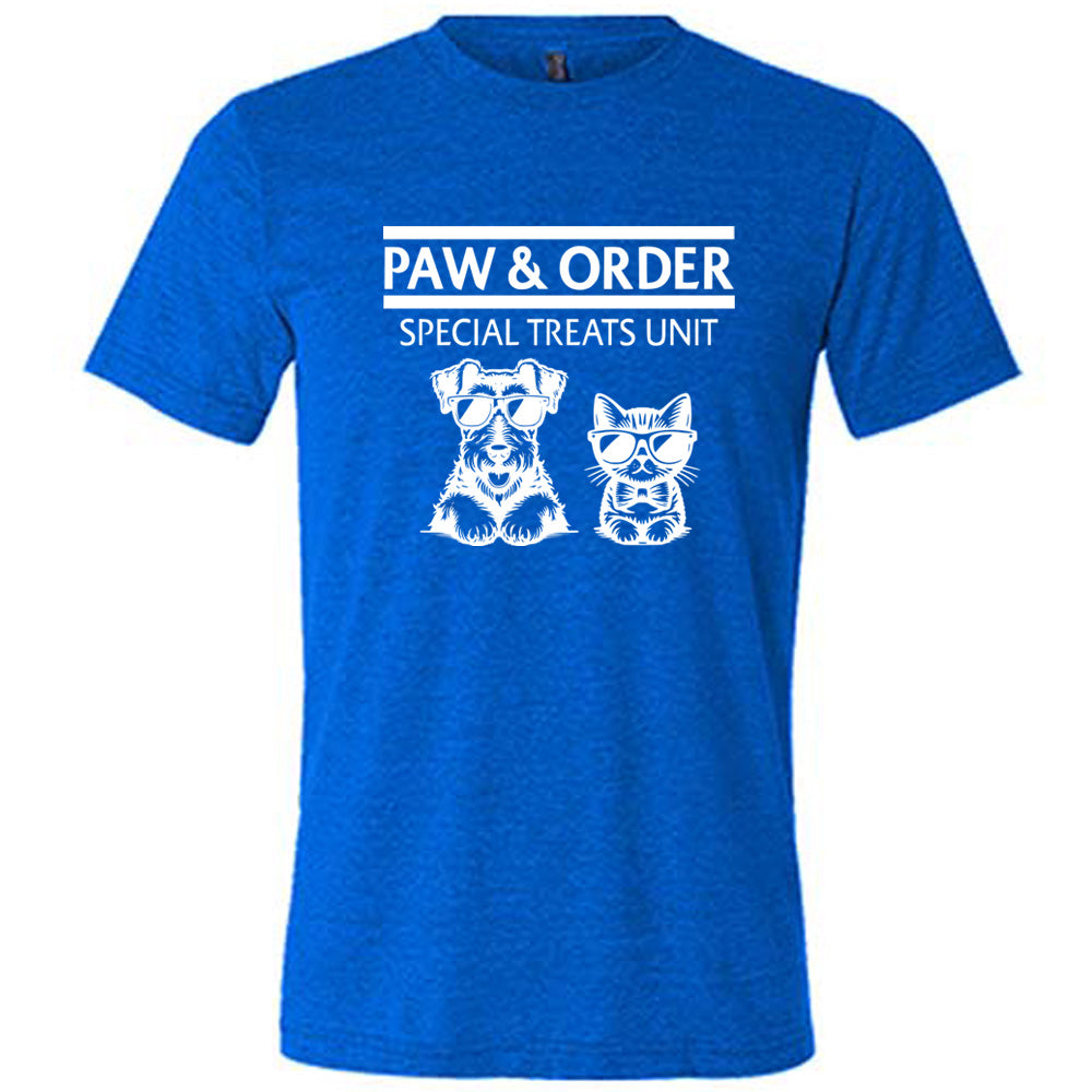 blue shirt with the text "Paw & Order" and a graphic of a cat and dog on it