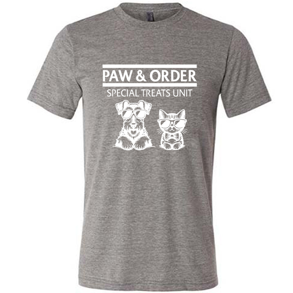 grey shirt with the text "Paw & Order" and a graphic of a cat and dog on it