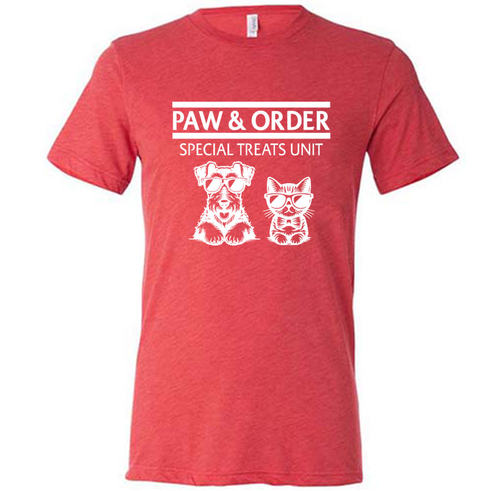 red shirt with the text "Paw & Order" and a graphic of a cat and dog on it