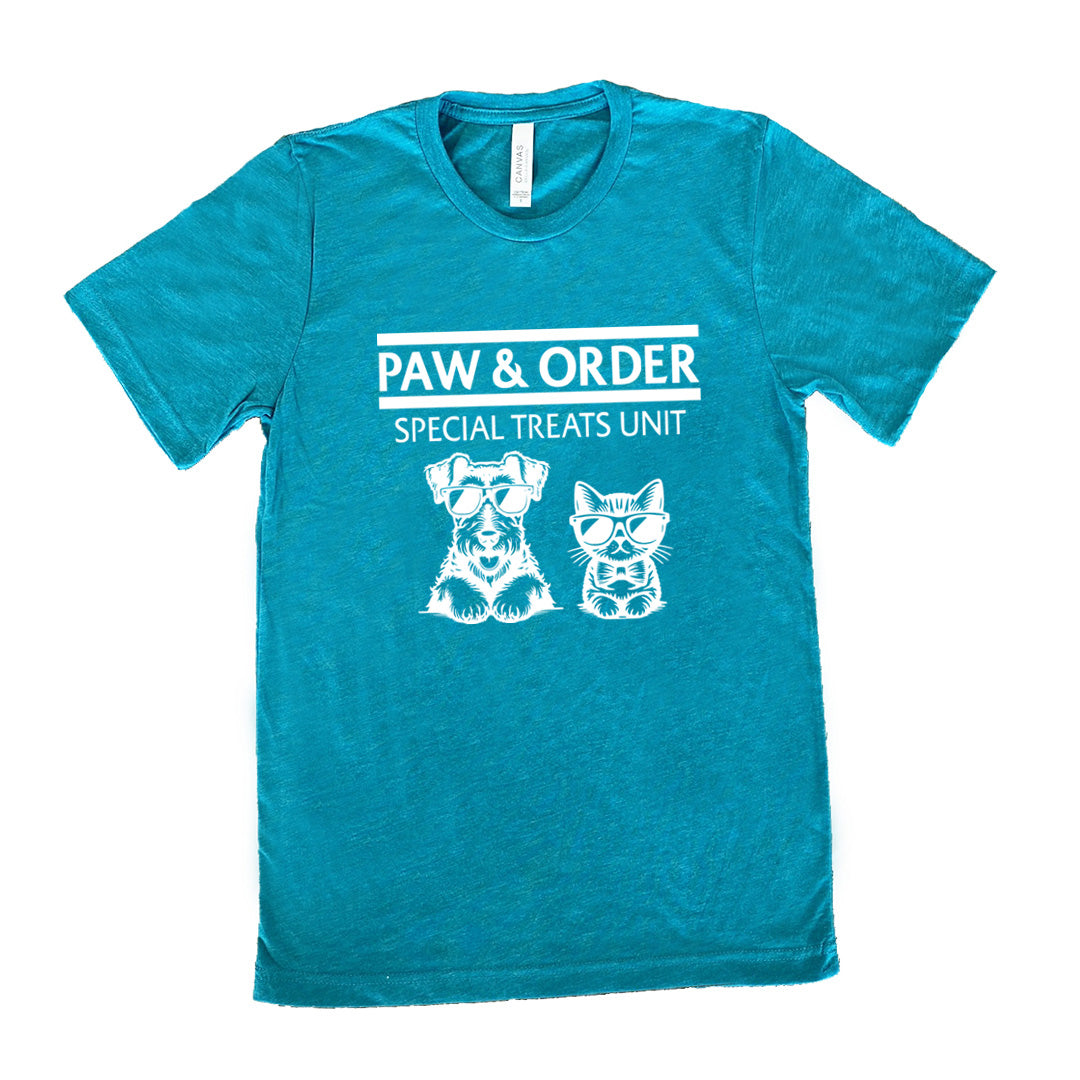 teal shirt with the text "Paw & Order" and a graphic of a cat and dog on it