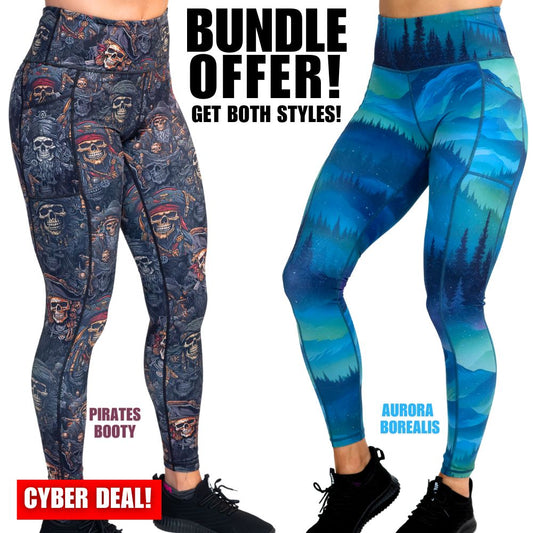 legging bundle with the pirates and aurora borealis themed leggings included