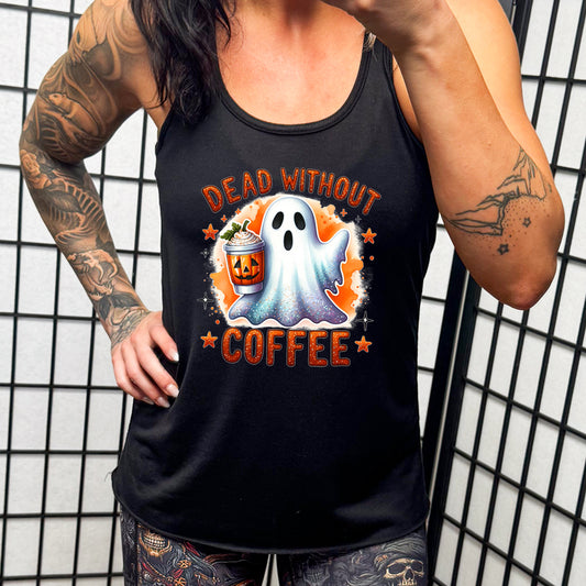 black shirt with the text "dead without coffee" on it