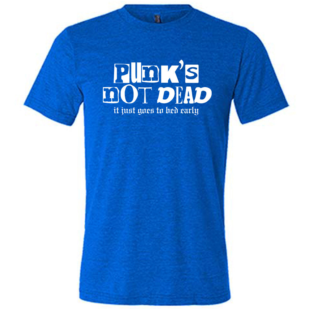 blue shirt with the text "Punk's Not Dead, It Just Goes To Bed Early" on it