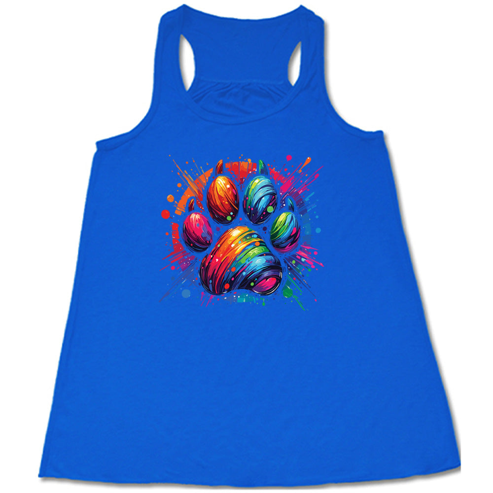 blue shirt with a rainbow paw print graphic on it