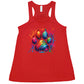 red shirt with a rainbow paw print graphic on it