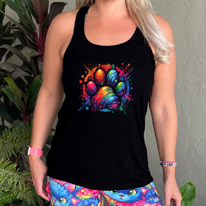 black shirt with a rainbow paw print graphic on it