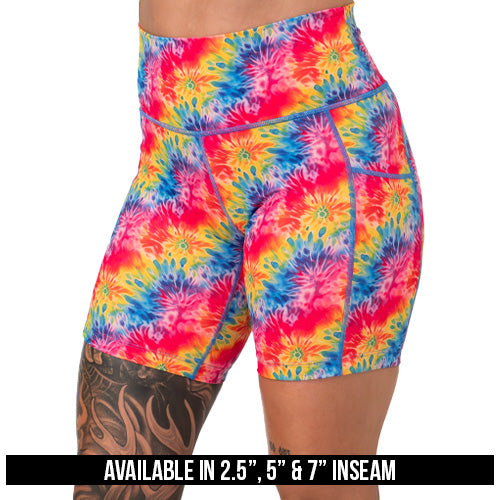 rainbow tie dye shorts available in 2.5, 5 & 7 inch shorts