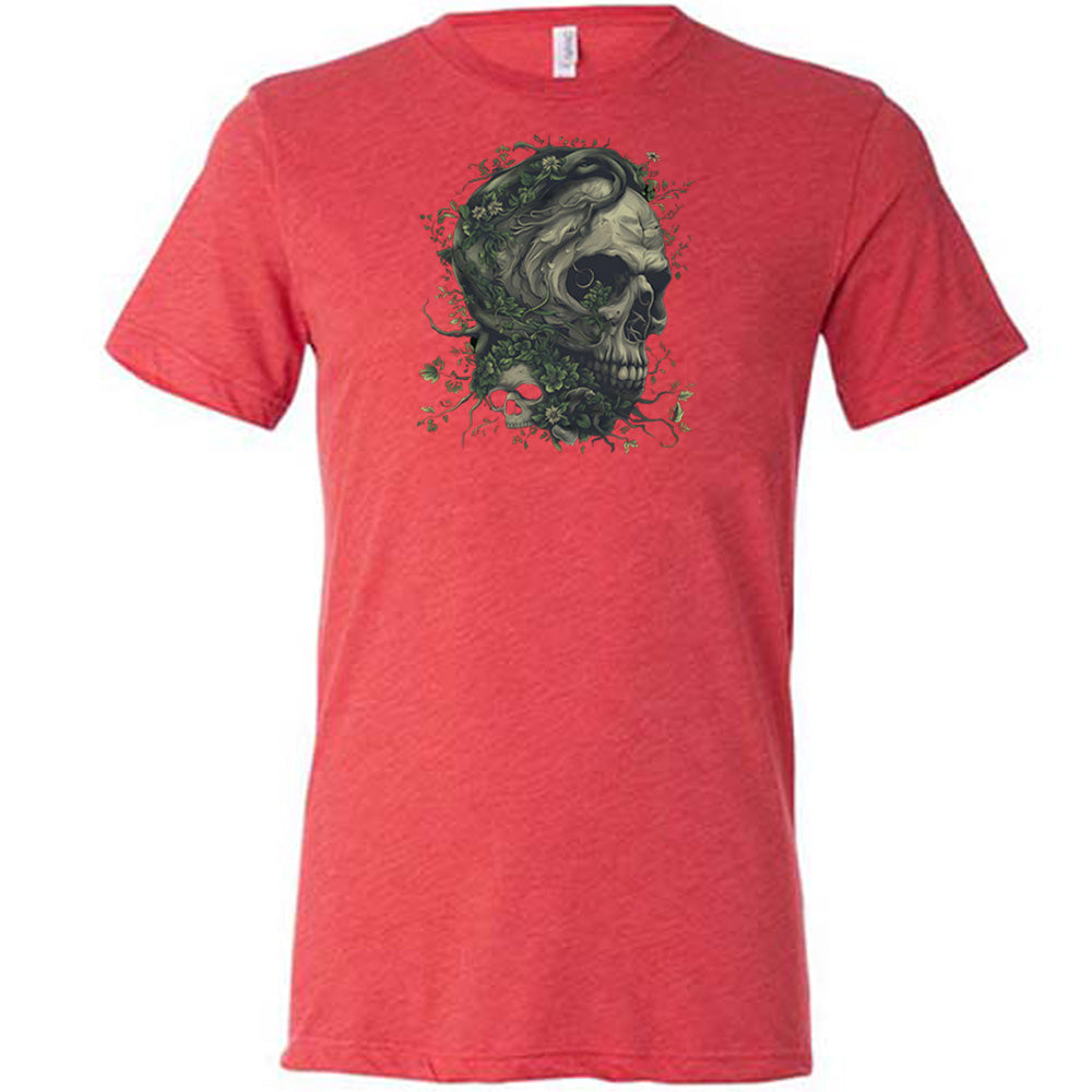 red shirt with a tree skull graphic in the middle