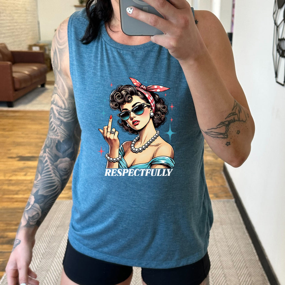 blue muscle tank with a graphic of a lady putting her middle finger up with the text "respectfully" 