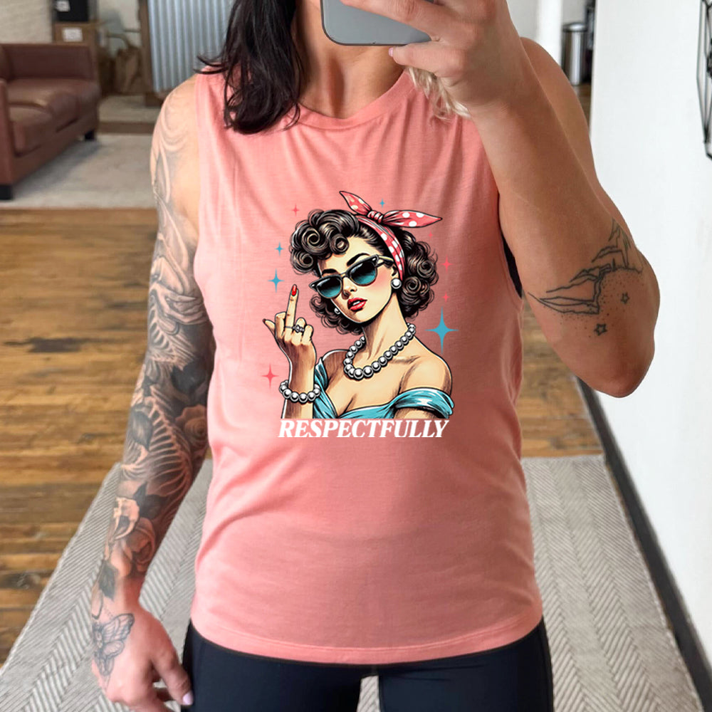 peach muscle tank with a graphic of a lady putting her middle finger up with the text "respectfully" 