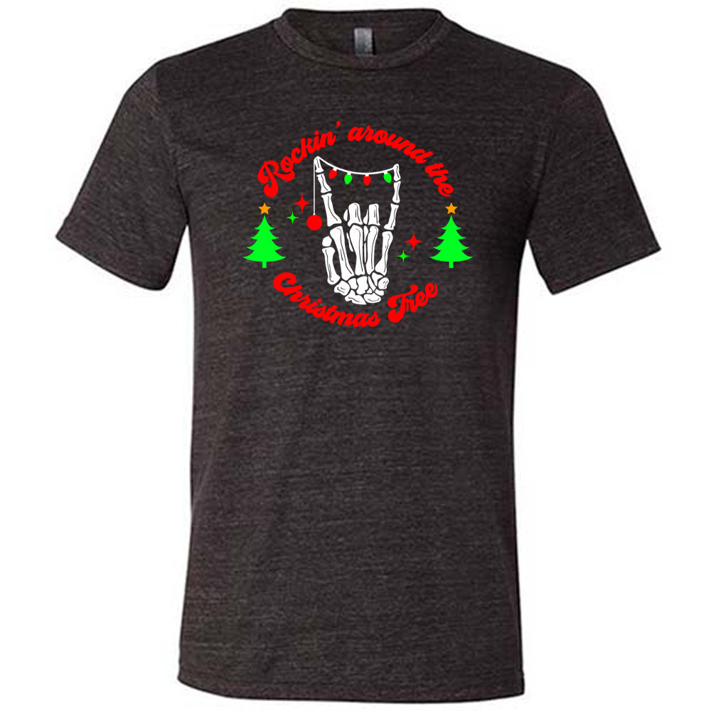 black shirt with the text "Rockin' Around The Christmas Tree" on it