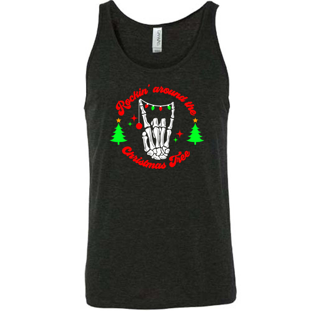 black shirt with the text "Rockin' Around The Christmas Tree" on it