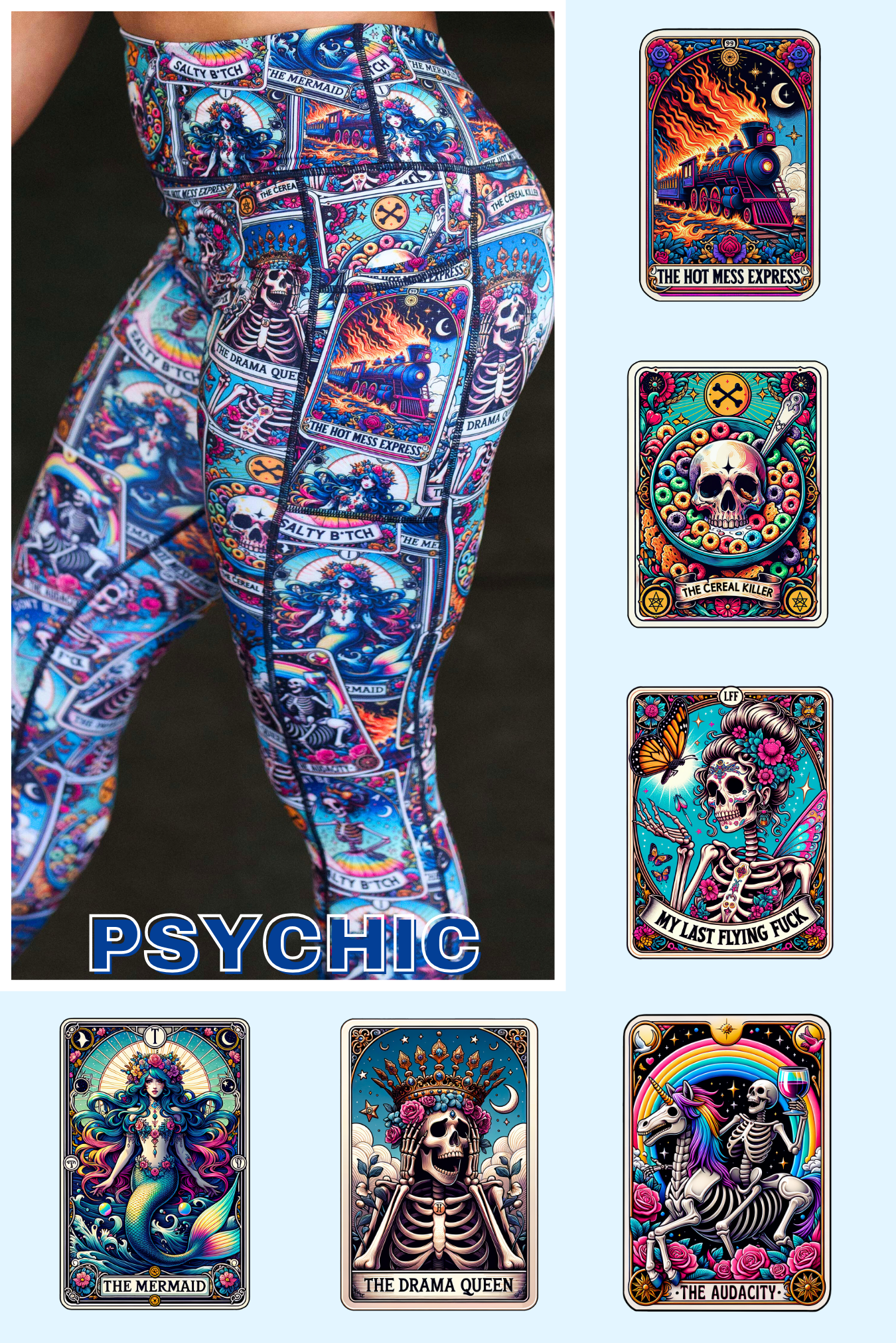 close up of different tarot cards on the psychic leggings