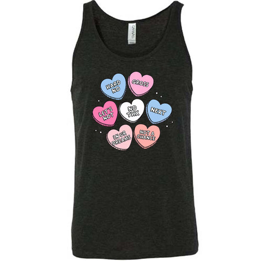 black shirt with cartoon valentine heart candy graphics on it