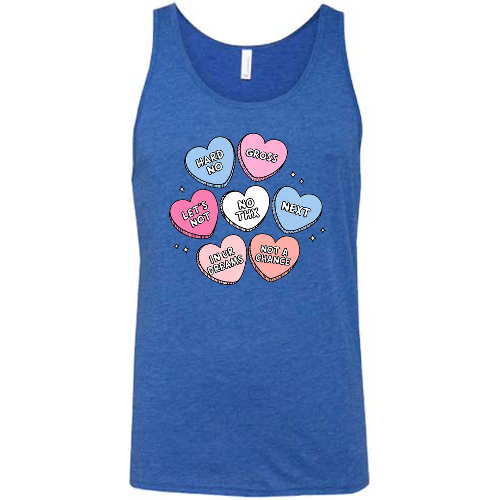 blue shirt with cartoon valentine heart candy graphics on it